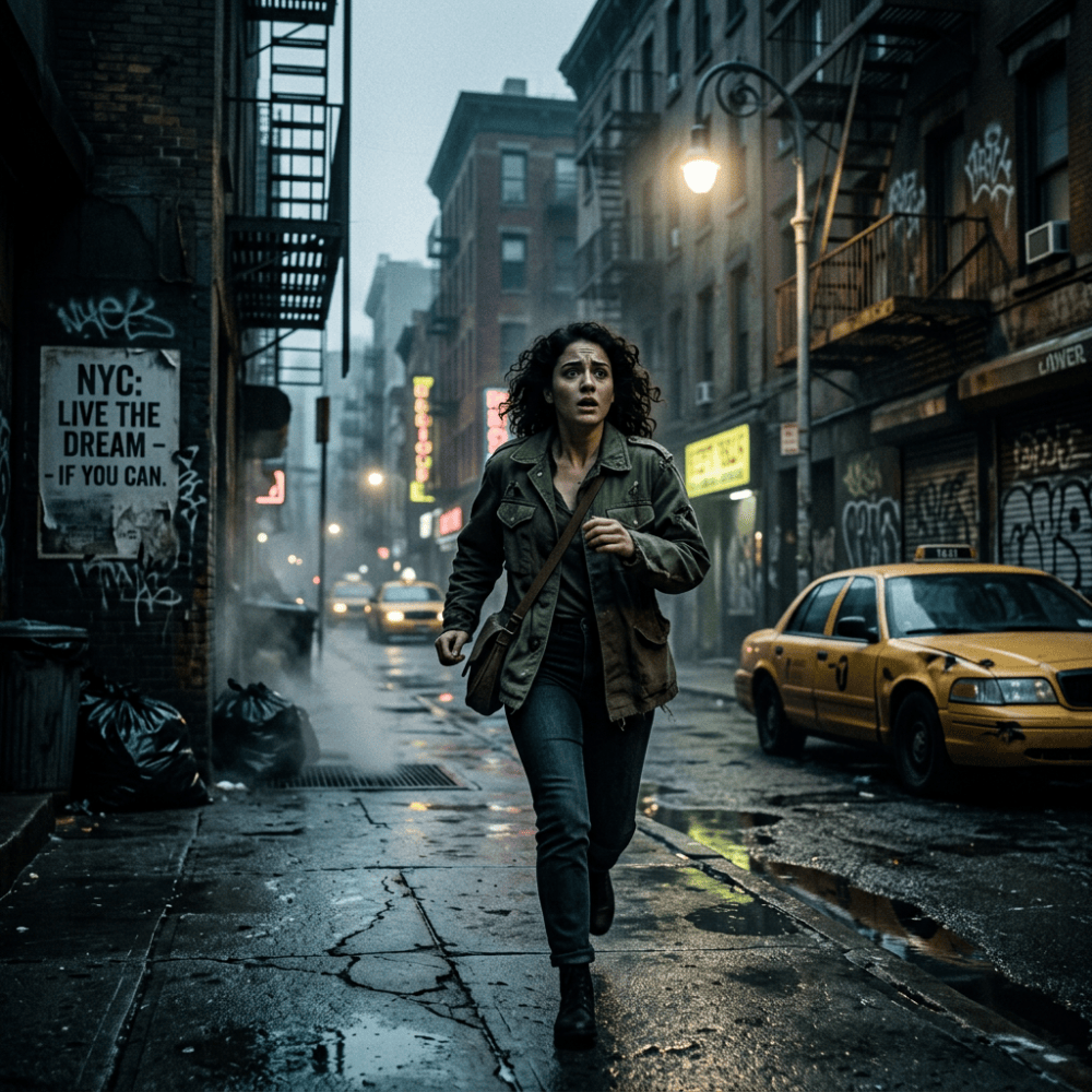 Woman running through a rainy graffiti-lined New York street beside a yellow taxi